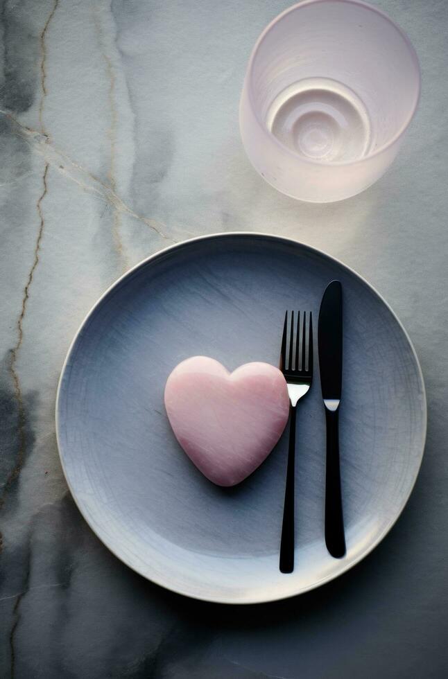 ai generado un vacío plato con un rosado corazón en eso y un tenedor y cuchillo en el parte superior foto