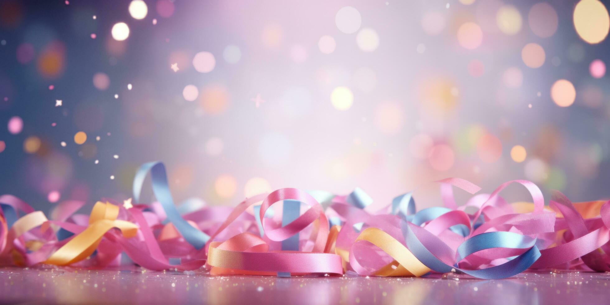 AI generated colorful floaty bubble confetti birthday present with pink ribbons photo