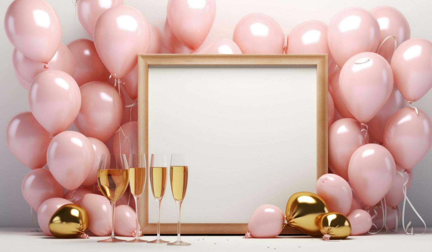 AI generated champagne heart, balloons and gold frame with gold heart background photo