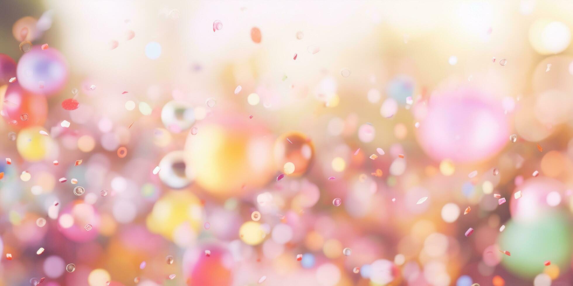 AI generated colorful floaty bubble confetti birthday present with pink ribbons photo