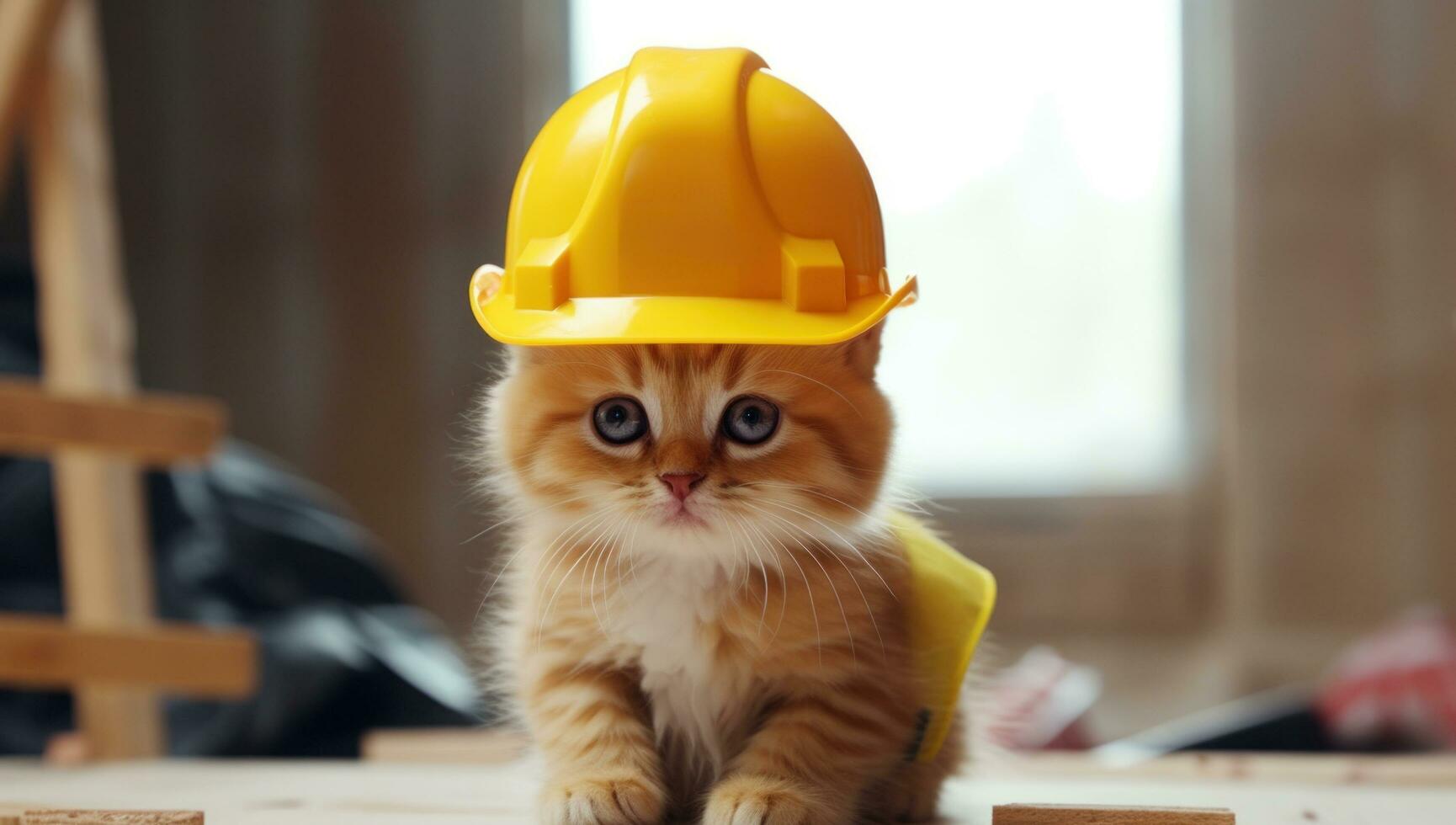 AI generated cute kitten in construction safety hat photo