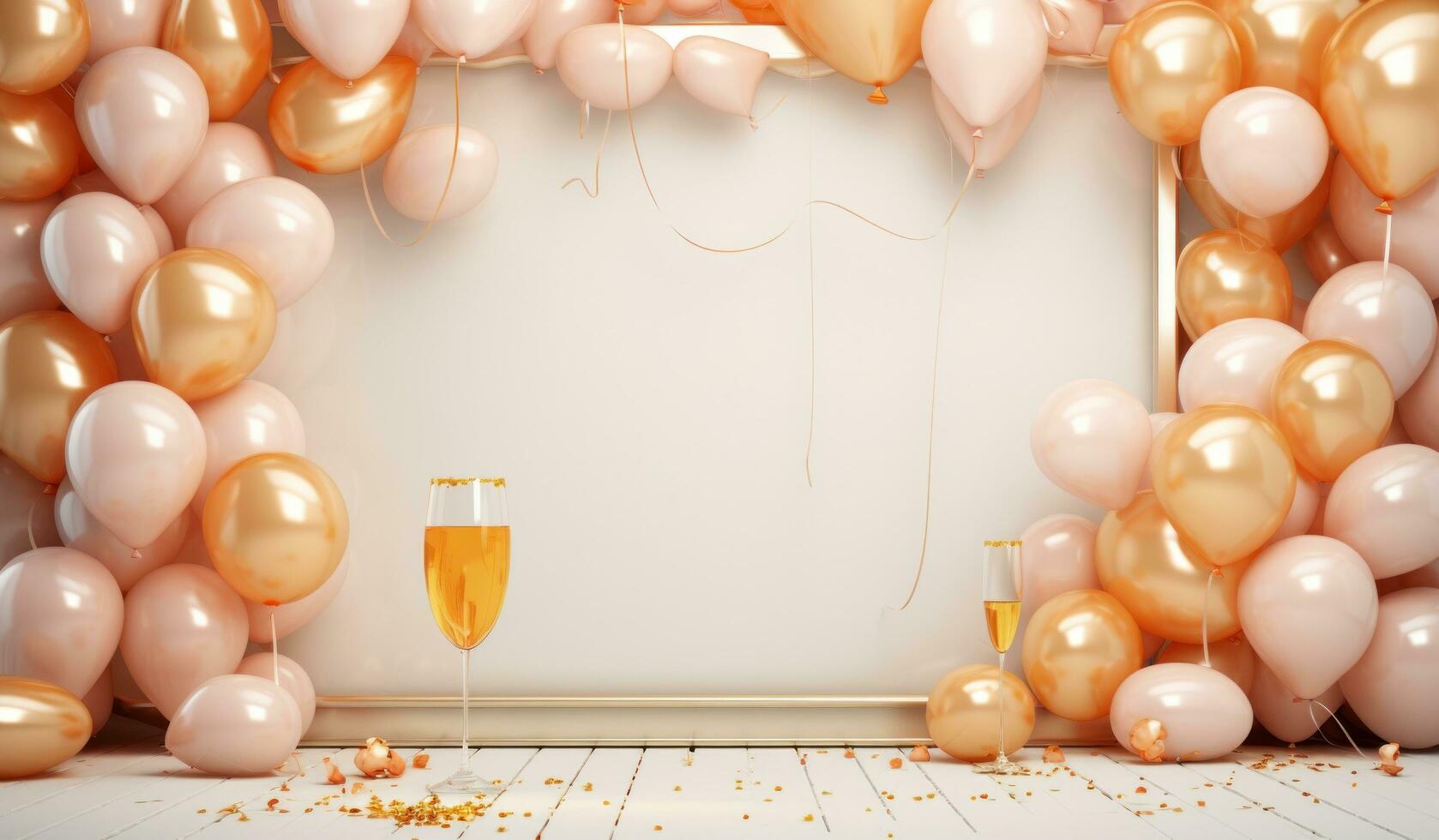 AI generated champagne heart, balloons and gold frame with gold heart background photo