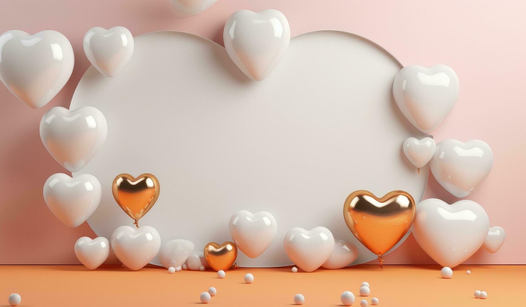 AI generated silver and gold heart balloons, gold star balloons and frame on a pink backdrop photo