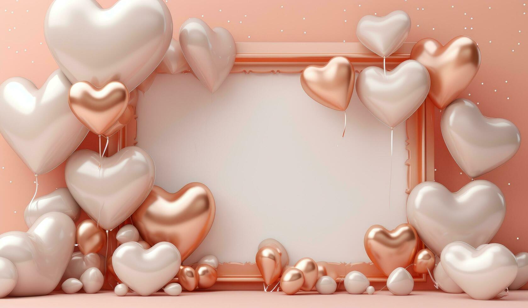 AI generated silver and gold heart balloons, gold star balloons and frame on a pink backdrop photo