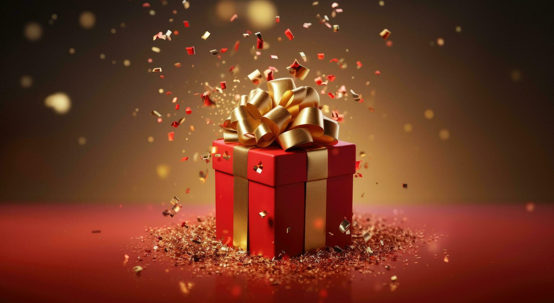 AI generated red gift with gold confetti in the air photo