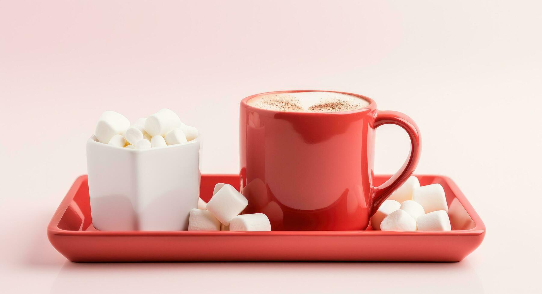 AI generated red coffee cup on a tray on a white background photo