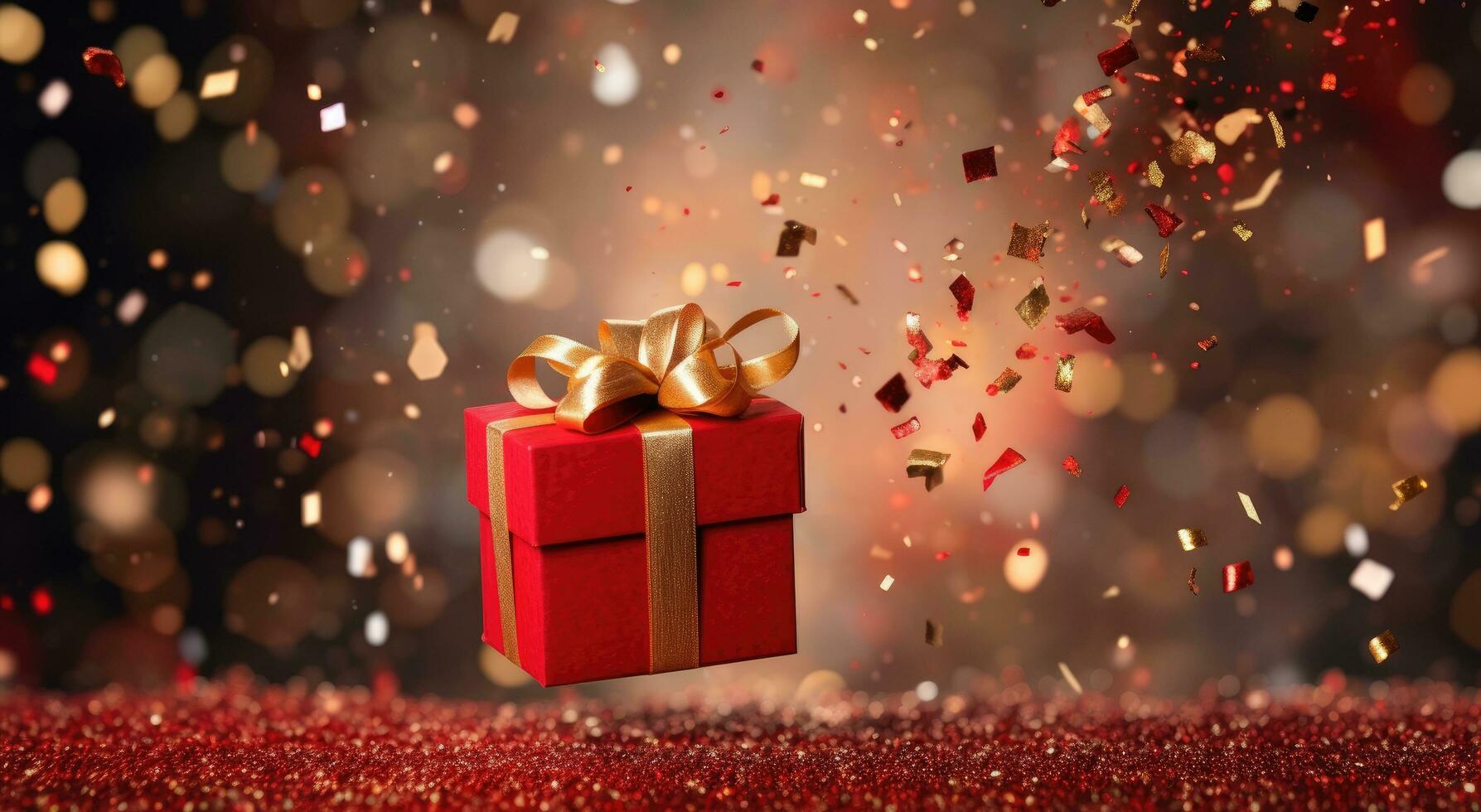 AI generated red gift with gold confetti in the air photo