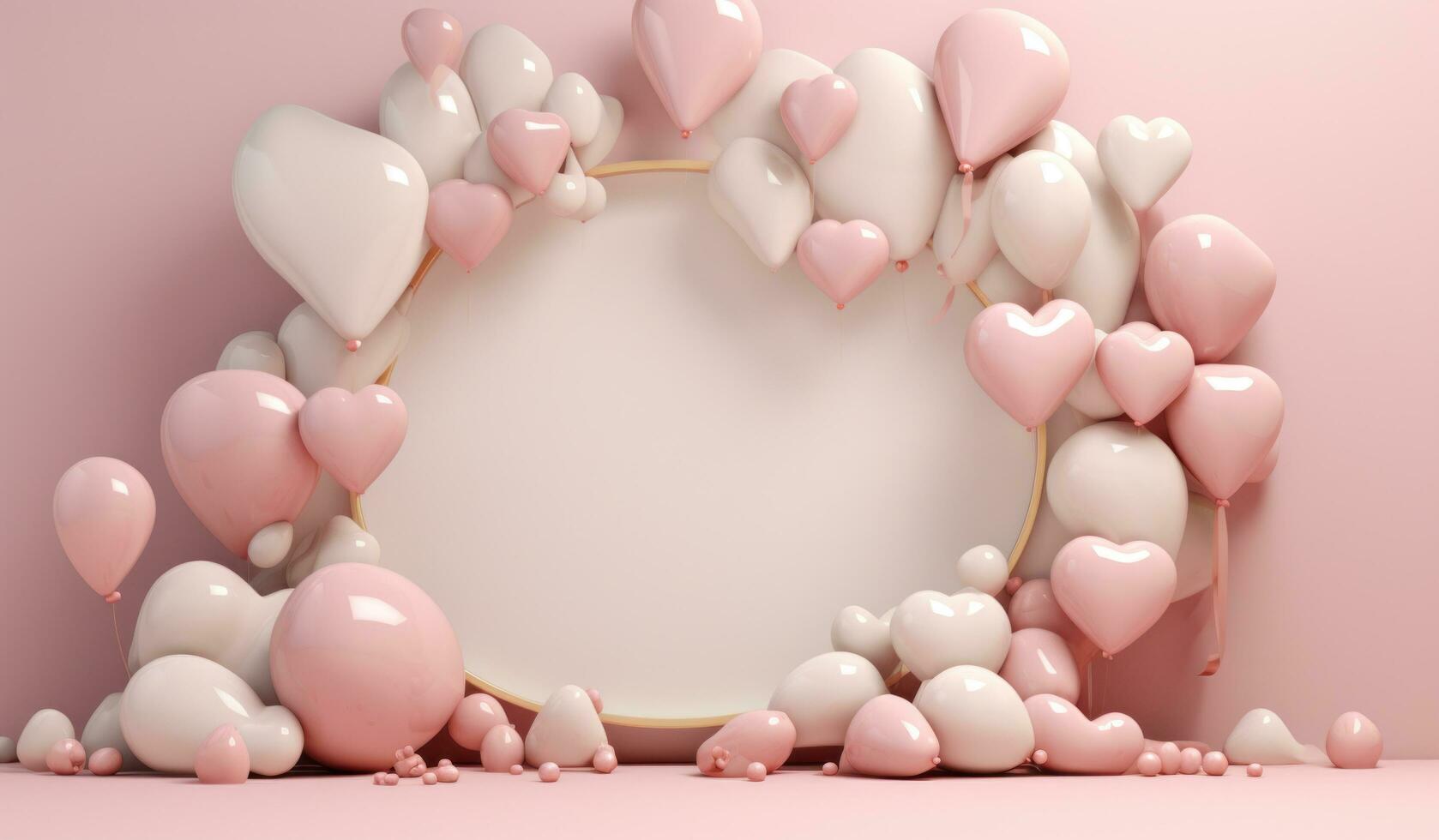 AI generated large balloons, heart frame, champagne, frame and golden paper hearts photo