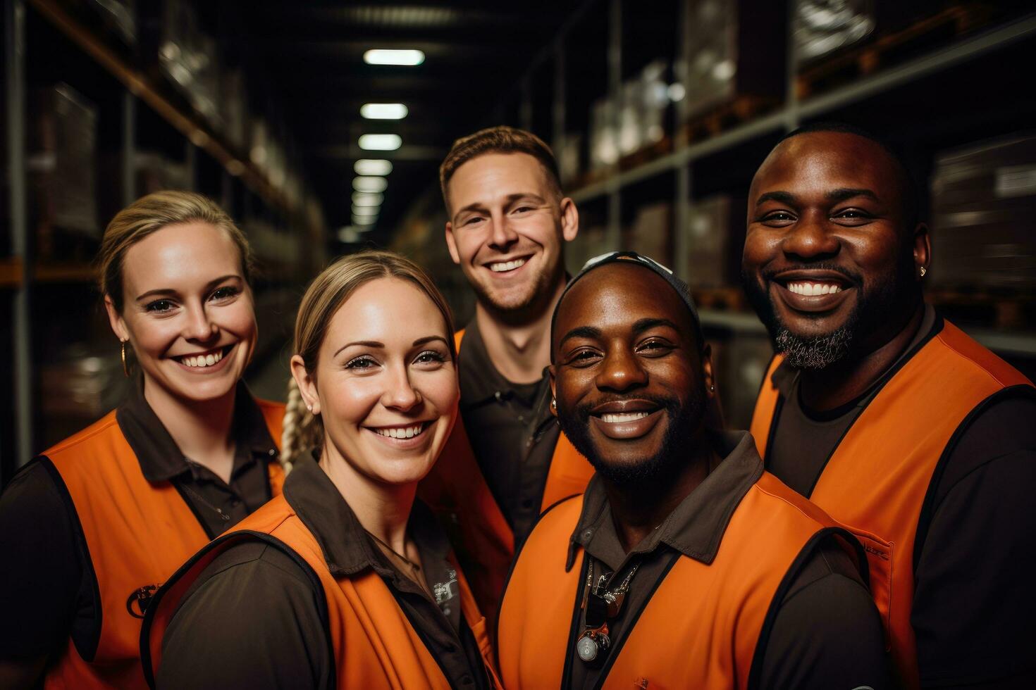 AI generated team of warehouse workers smiling photo