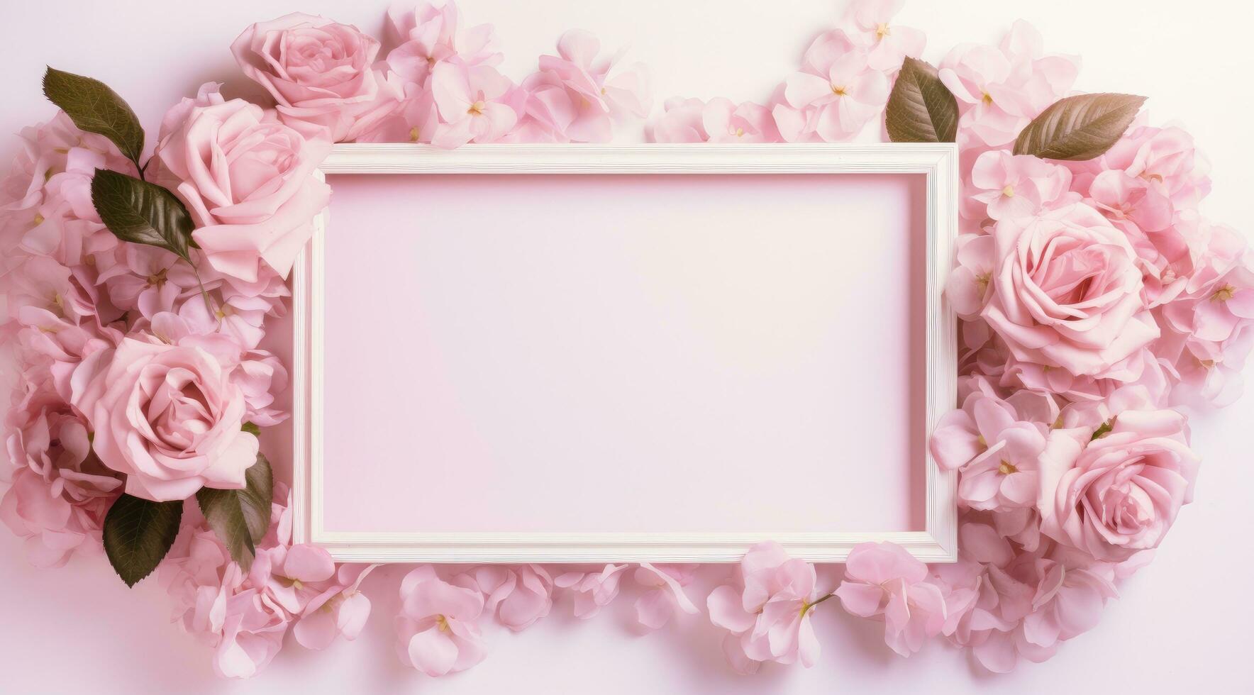 AI generated the frame surrounded by pink rose petals and some blank space photo