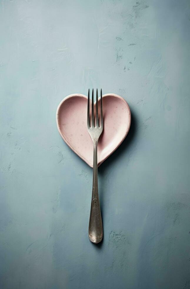 ai generado esta imagen revela un plato con un corazón conformado tenedor foto