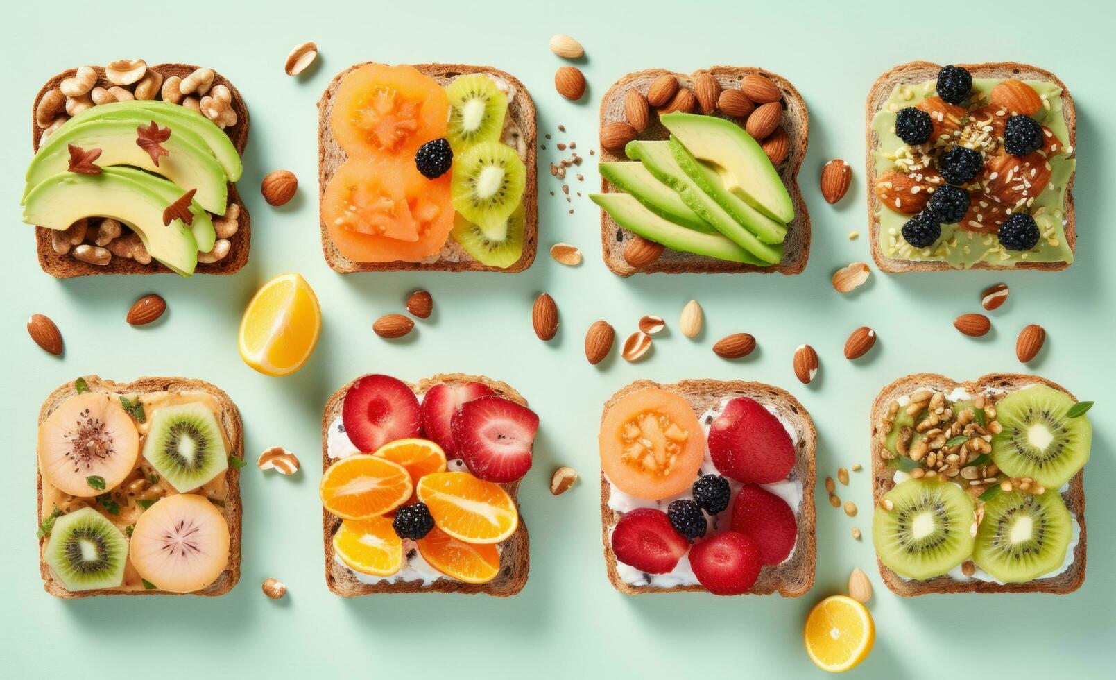 AI generated fruits and nuts on toast made of bread photo