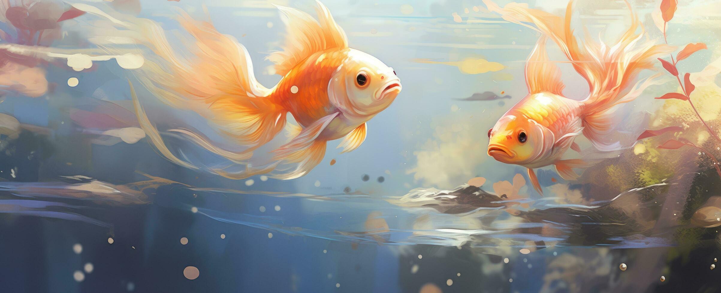 AI generated two goldfish swimming under a pond with water falling photo