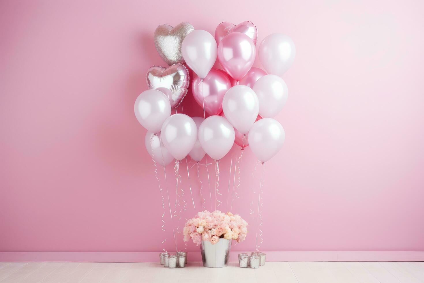 AI generated pink, white and silver heart balloons on pink background photo