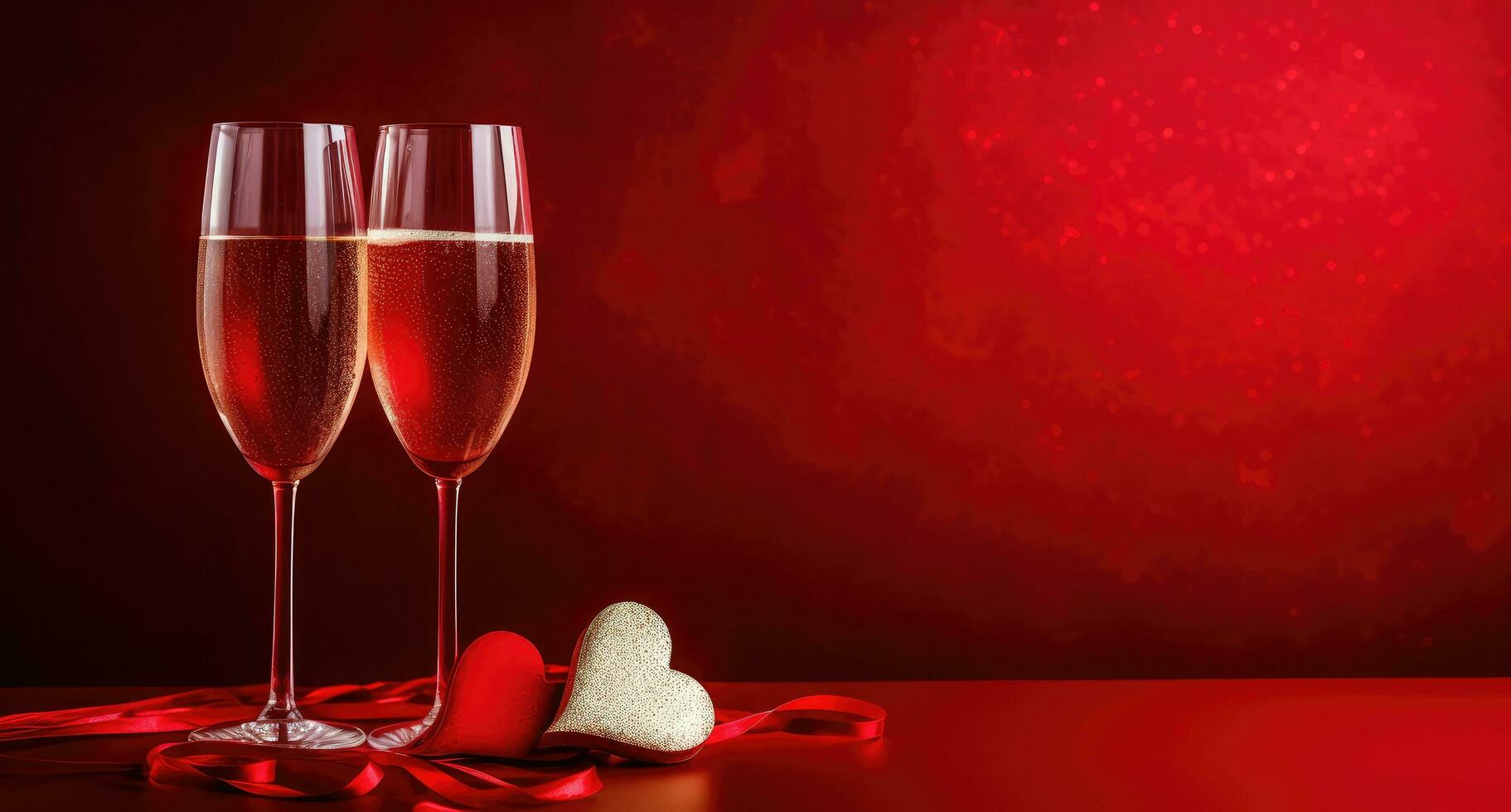 AI generated two glasses of champagne and a heart are on red background photo