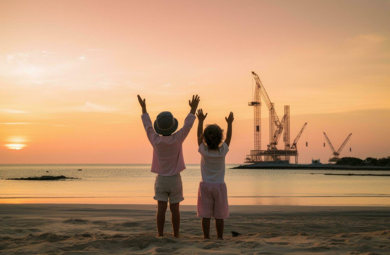 AI generated two kids standing on the beach with their arms out to the horizon photo