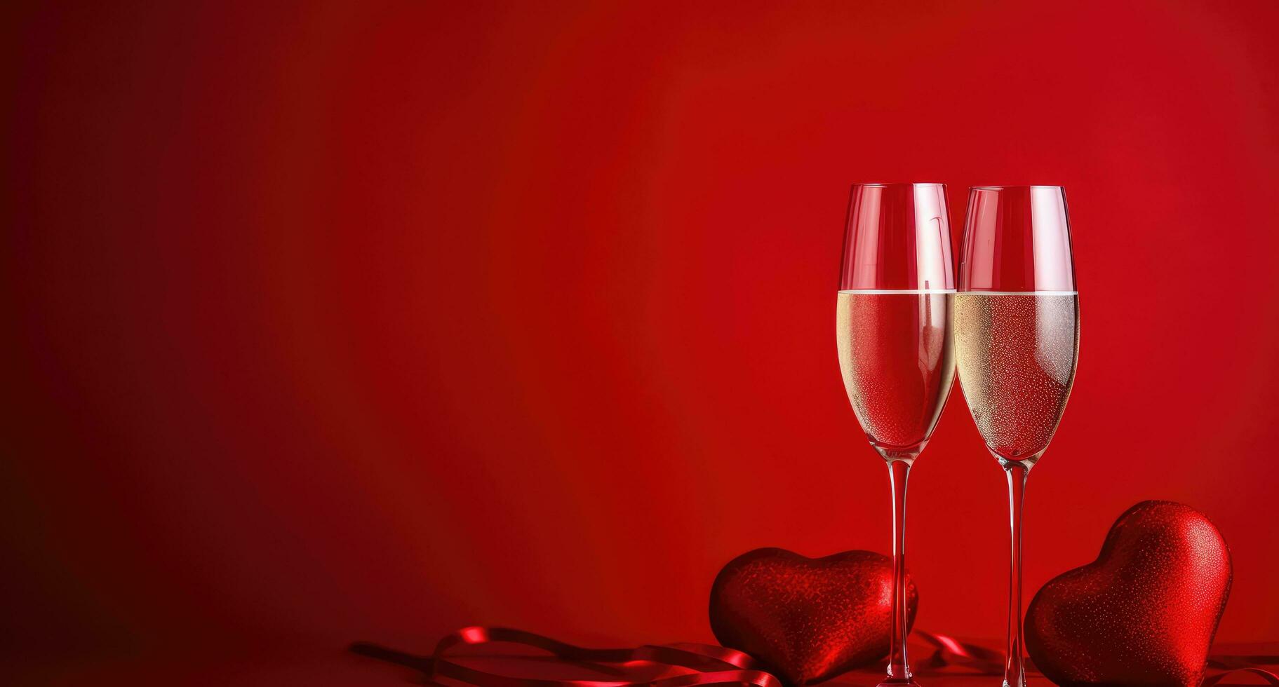 AI generated two glasses of champagne and a heart are on red background photo