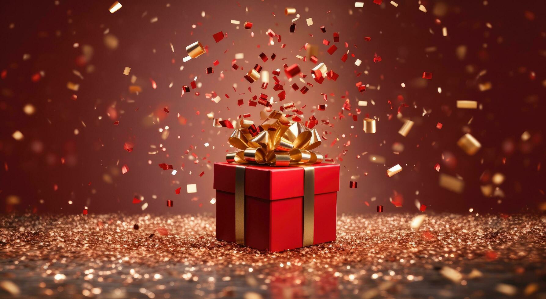 AI generated red gift with gold confetti in the air photo