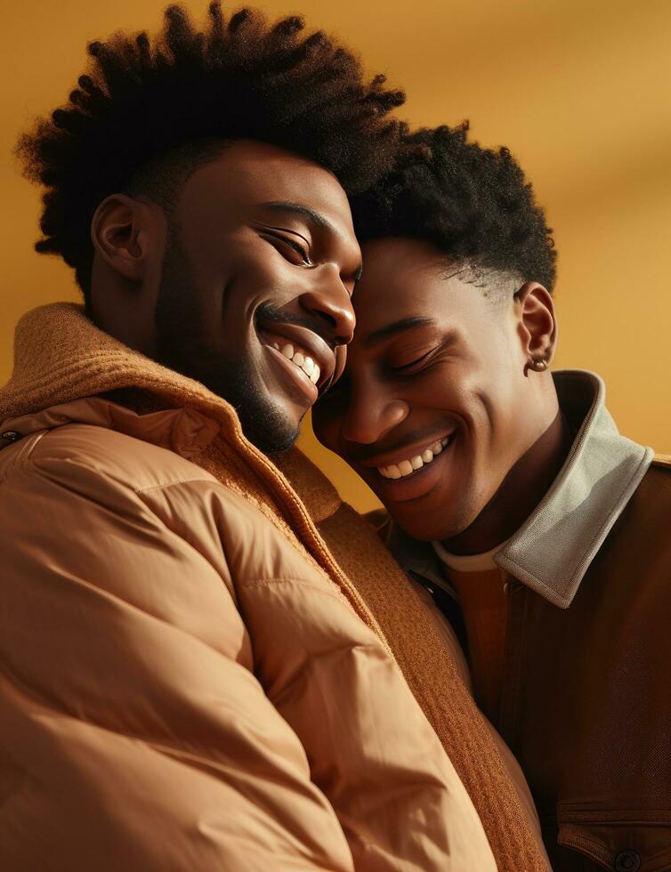 AI generated two black Americans hugging and smiling on a brown background photo