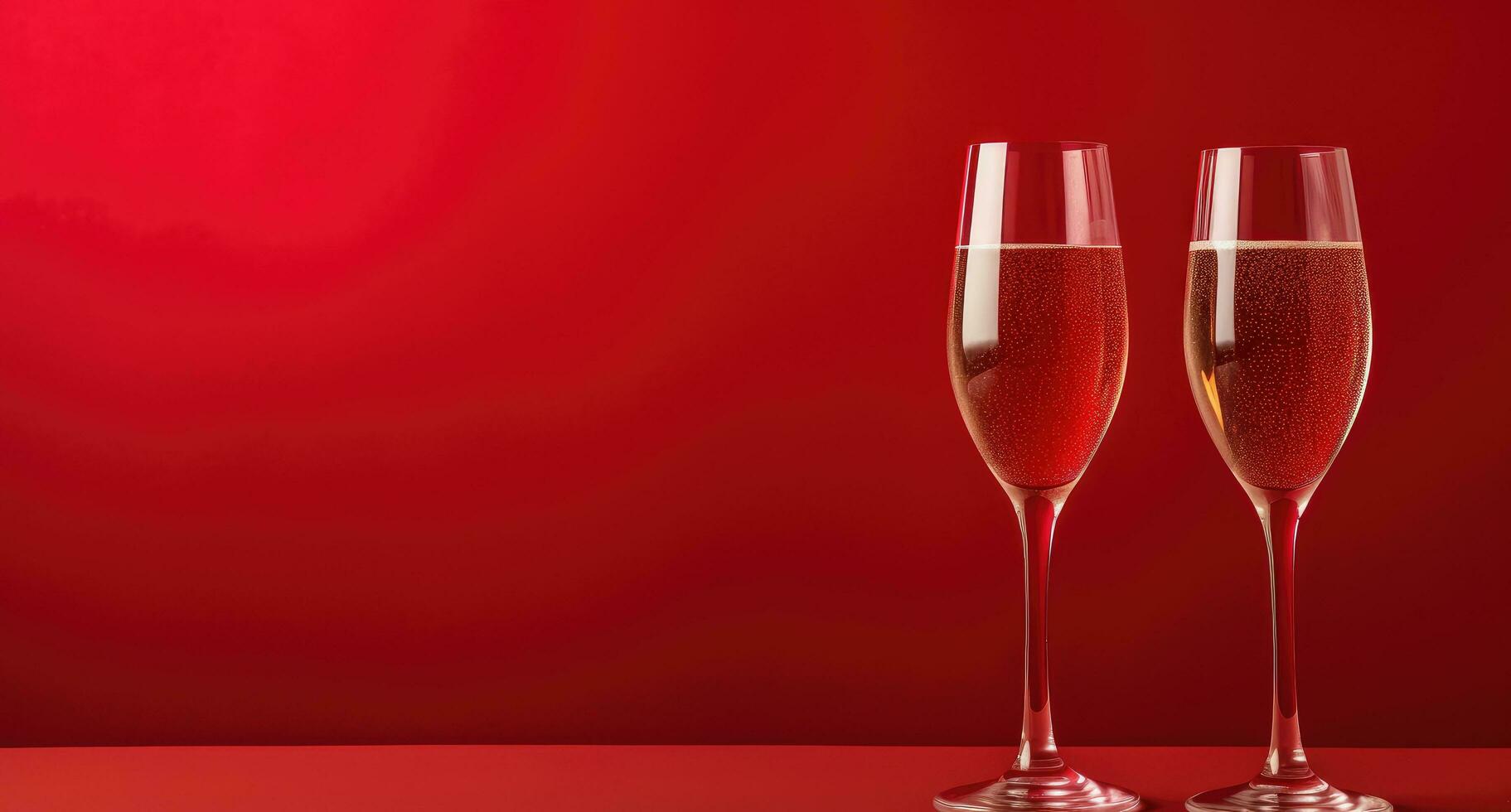 AI generated two glasses of champagne and a heart are on red background photo