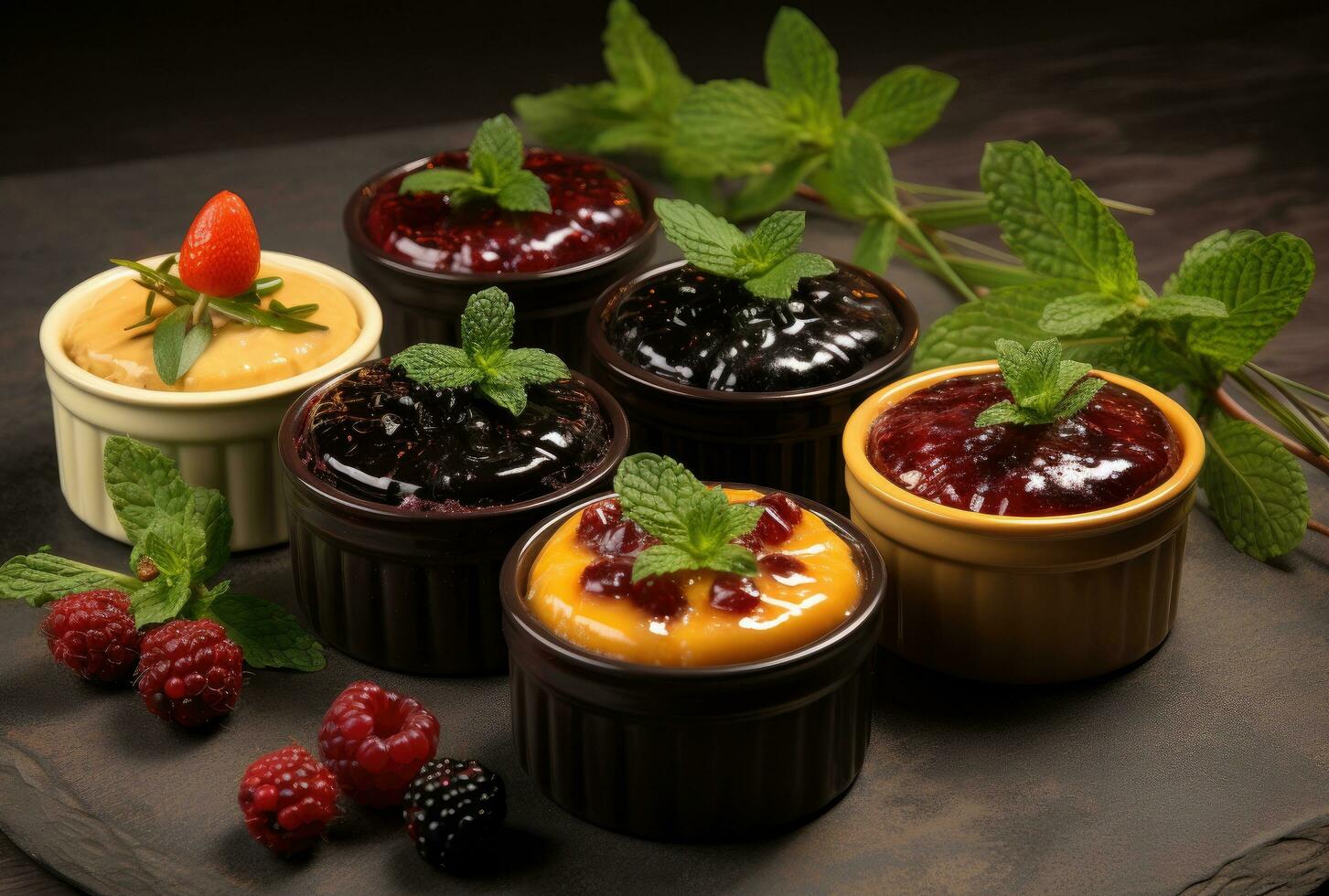 AI generated six desserts are topped with berries and mint photo