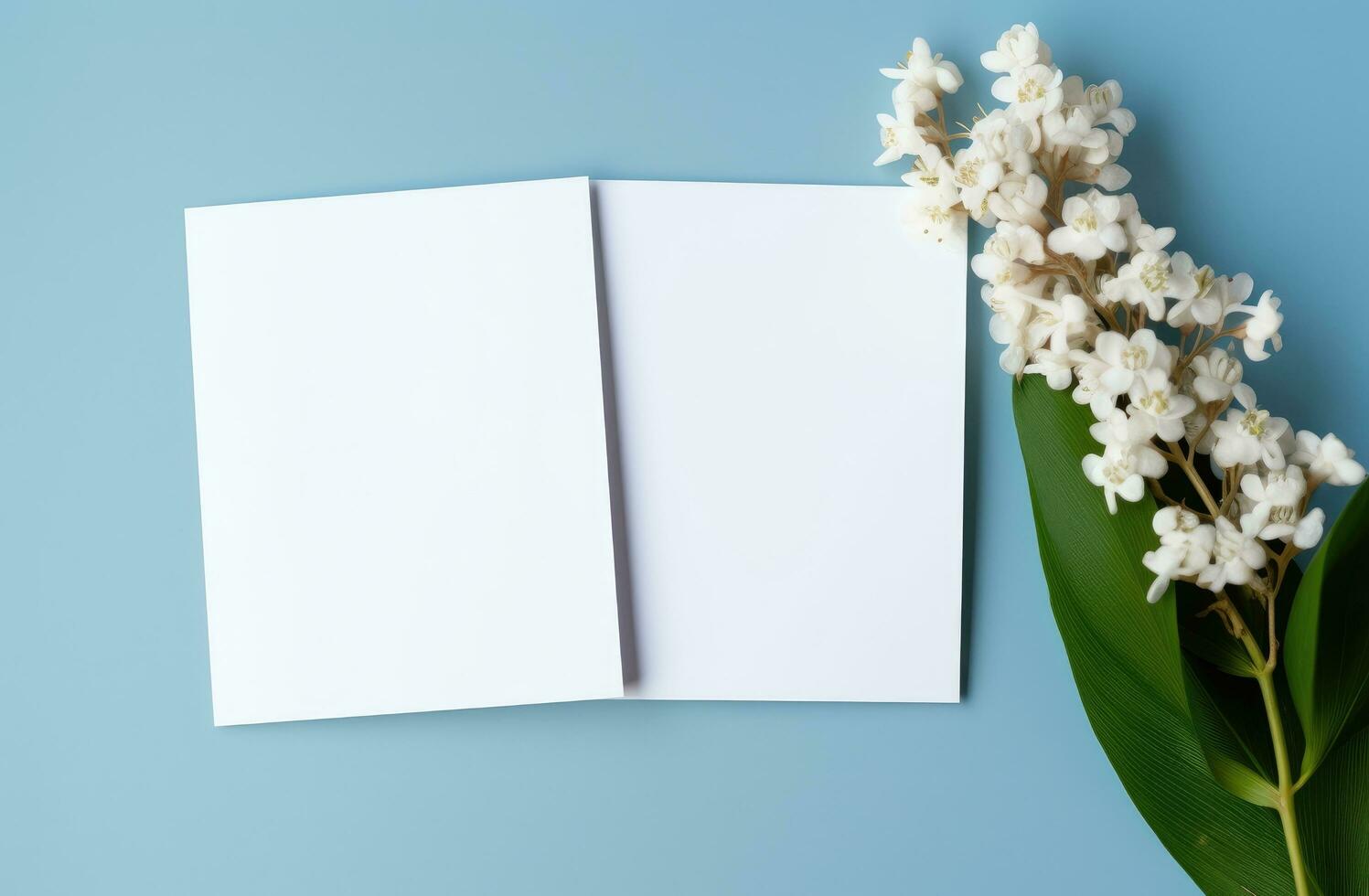AI generated two white blank wedding cards on a blue background photo