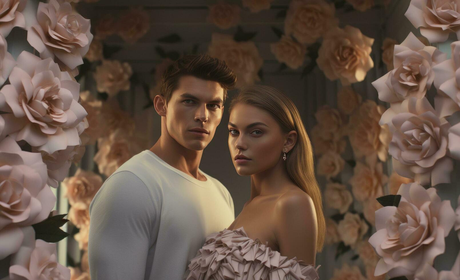 AI generated young man and woman standing in the background with flowers photo