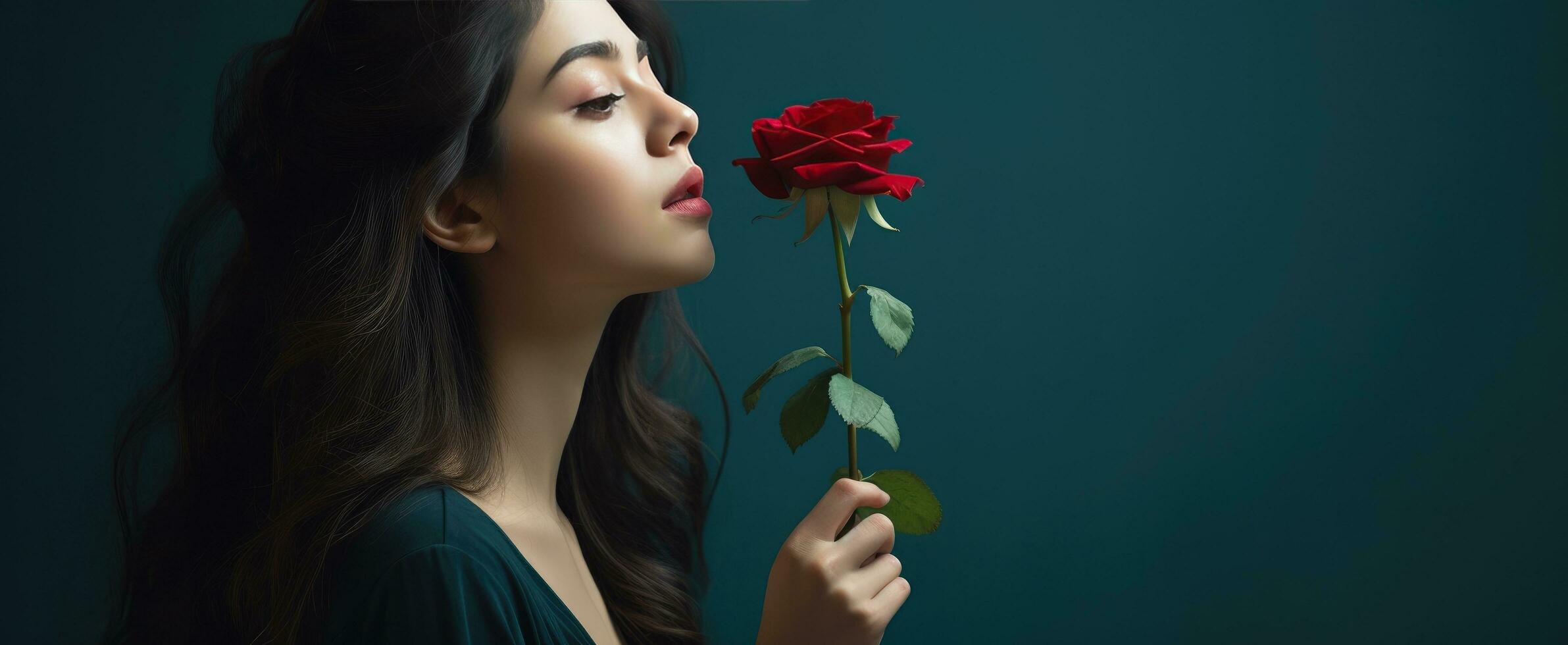 AI generated young woman posing looking at pink rose and smelling it photo