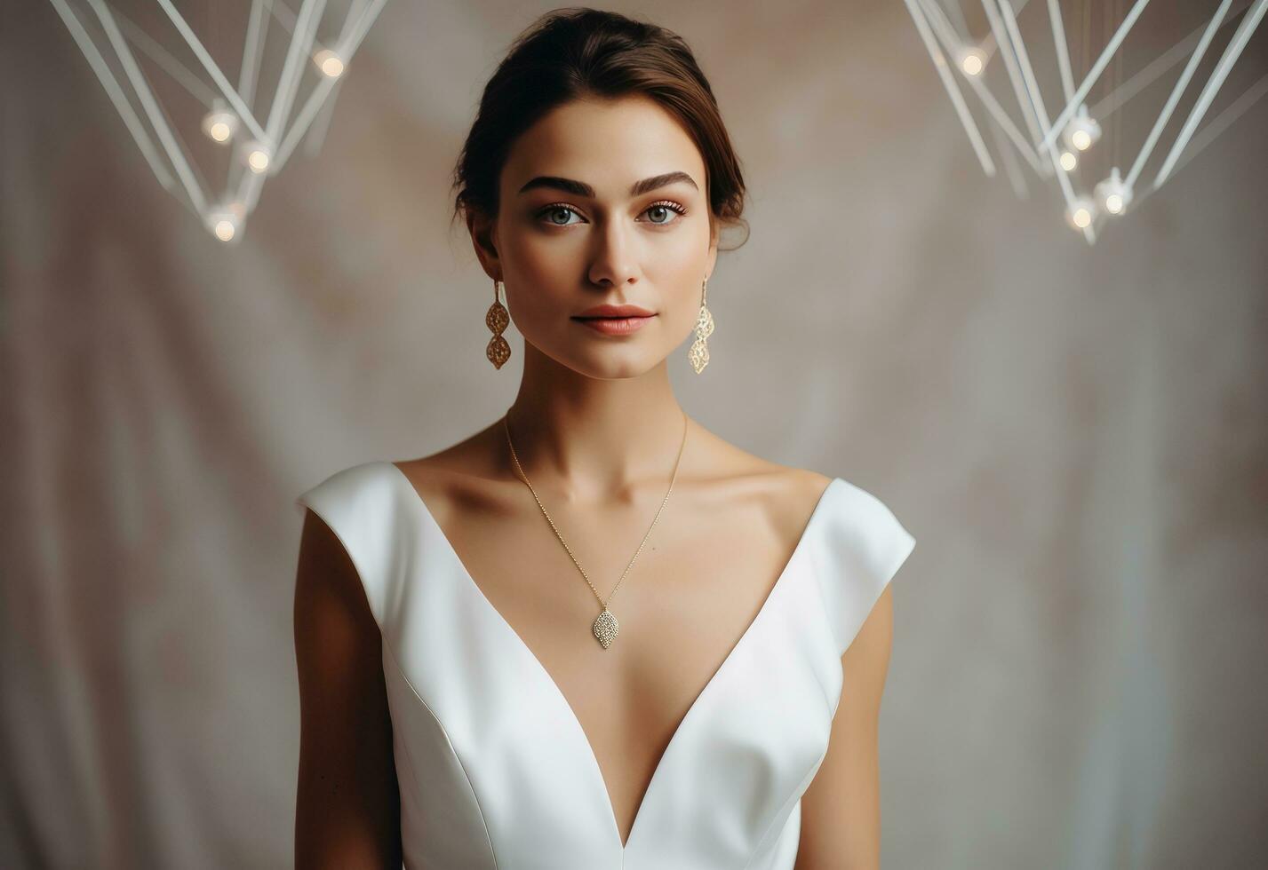 AI generated woman in a white dress with a necklace, posing for a portrait photo