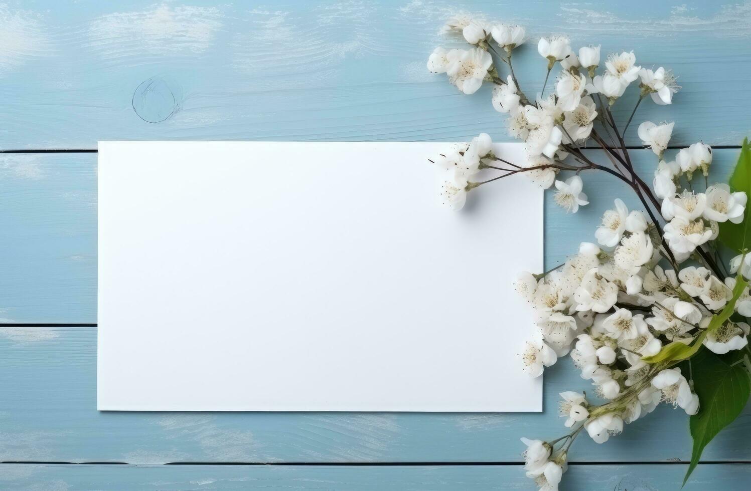 ai generado blanco invitaciones tarjetas con flores en un azul mesa foto