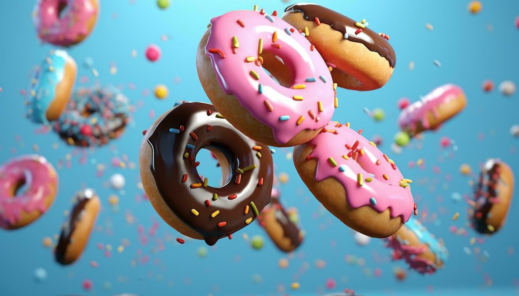 AI generated various colorful donuts in the air photo