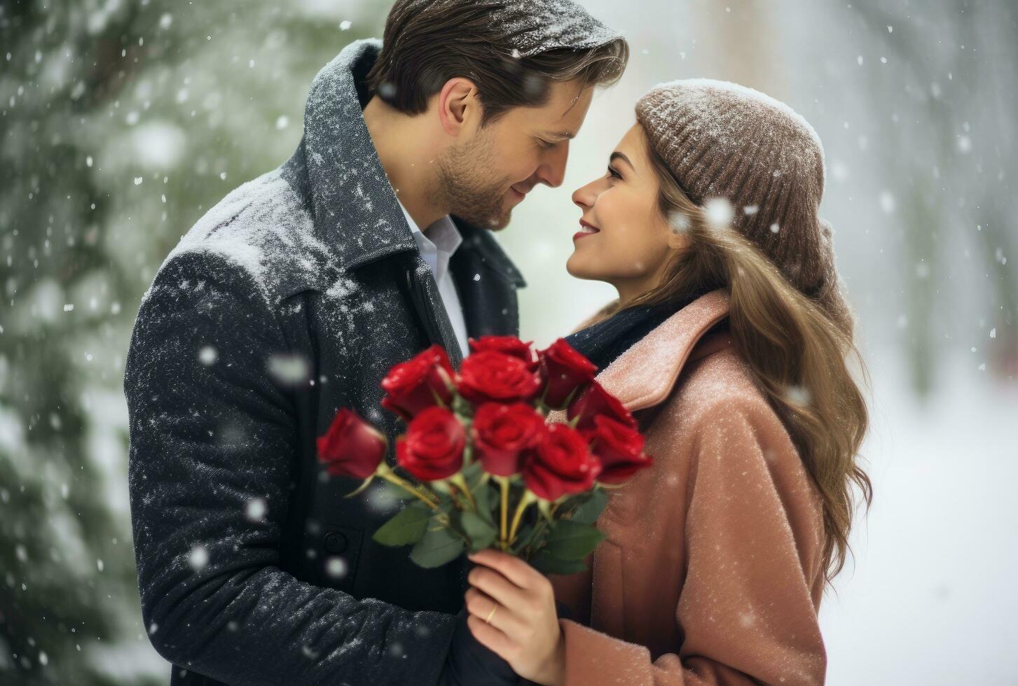 ai generado joven Pareja participación rojo rosas en un invierno nieve foto