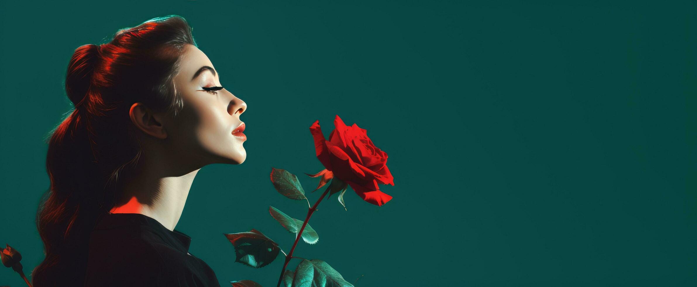 AI generated young woman posing looking at pink rose and smelling it photo