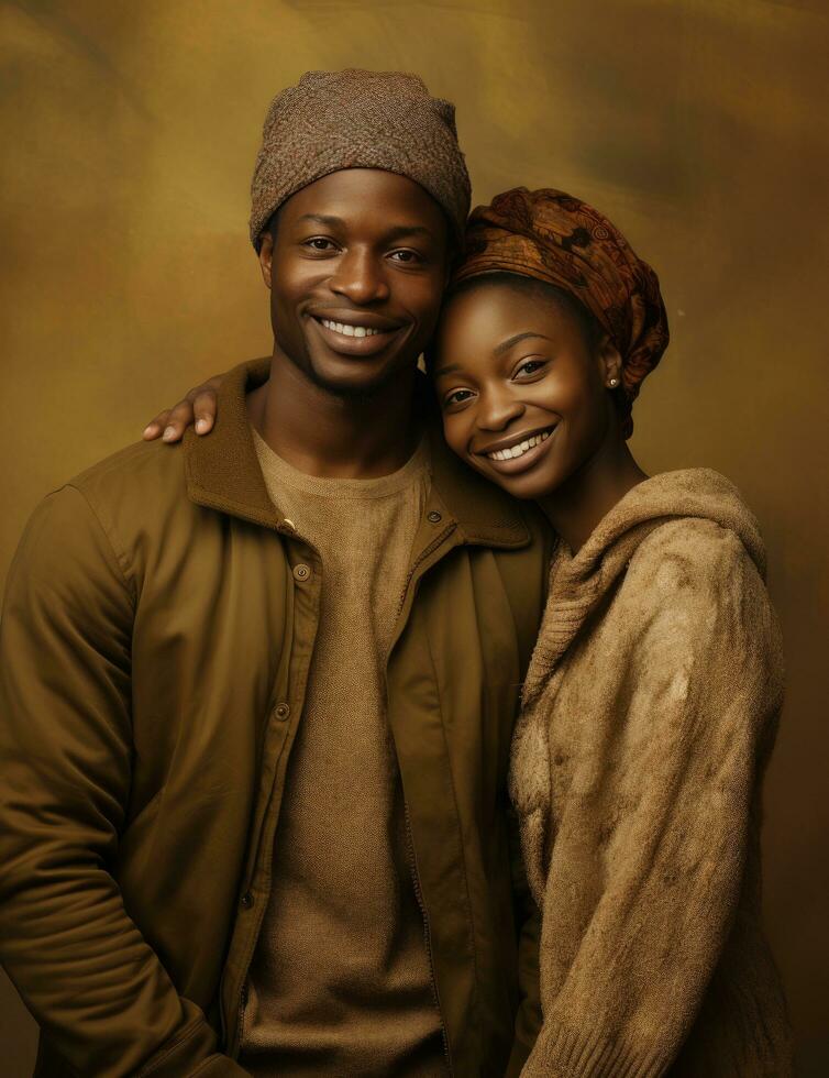 AI generated young african couple on brown paper, smiling and arm in arm photo