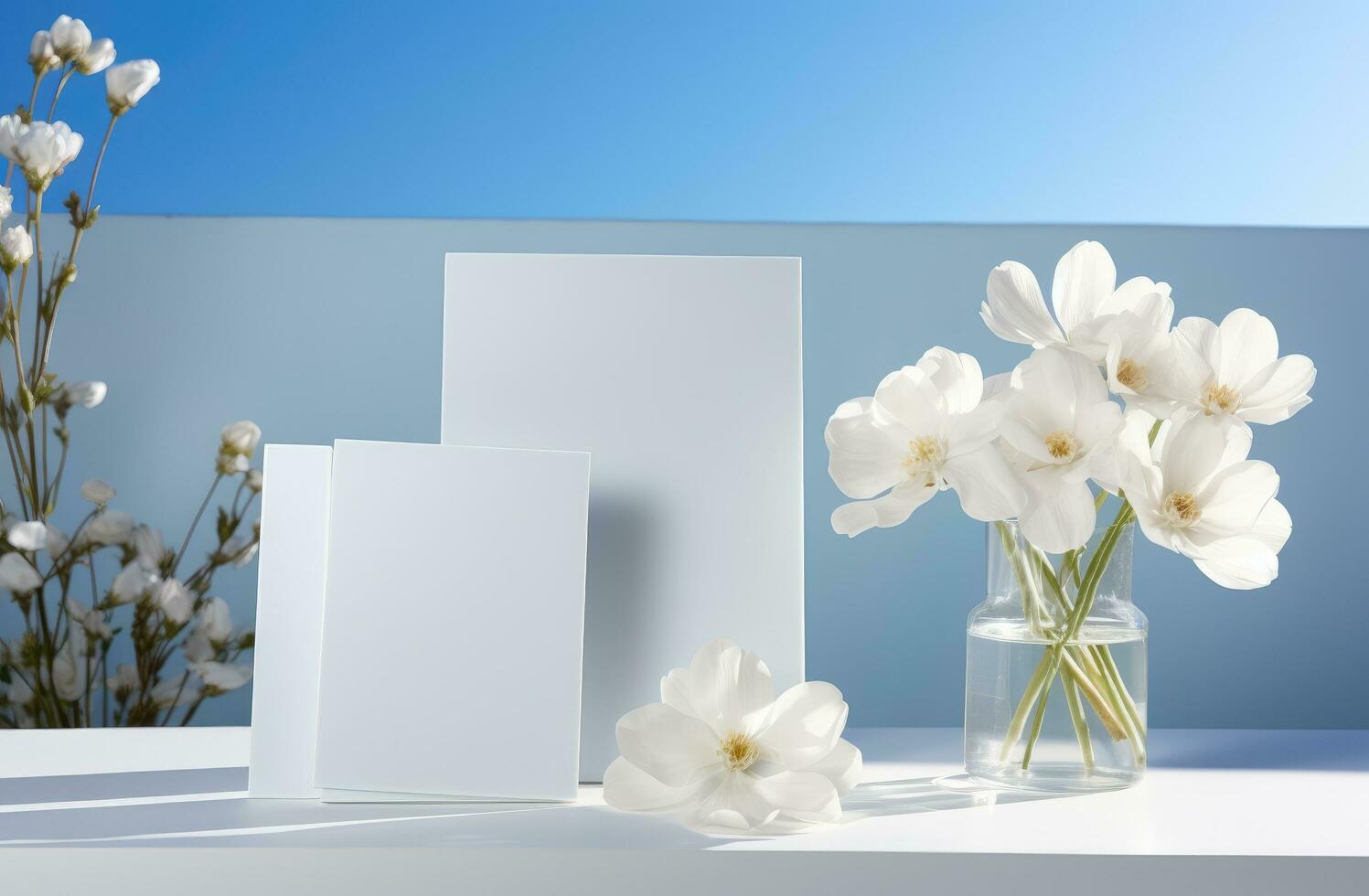 AI generated white cards sitting on a table next to white flowers photo