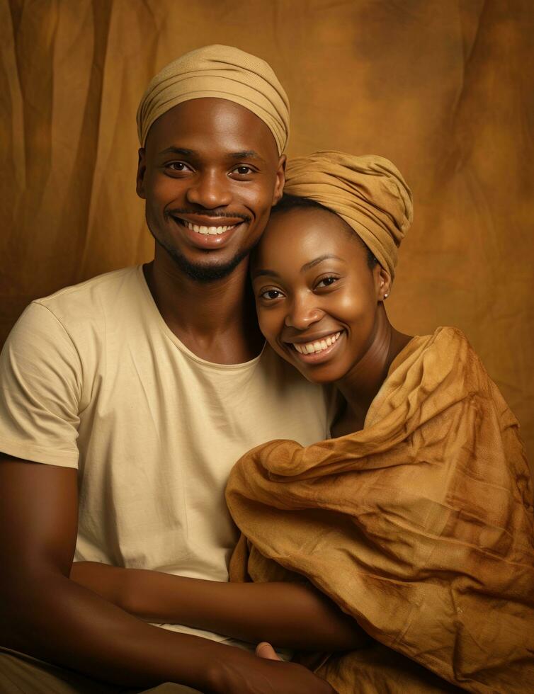 AI generated young african couple on brown paper, smiling and arm in arm photo