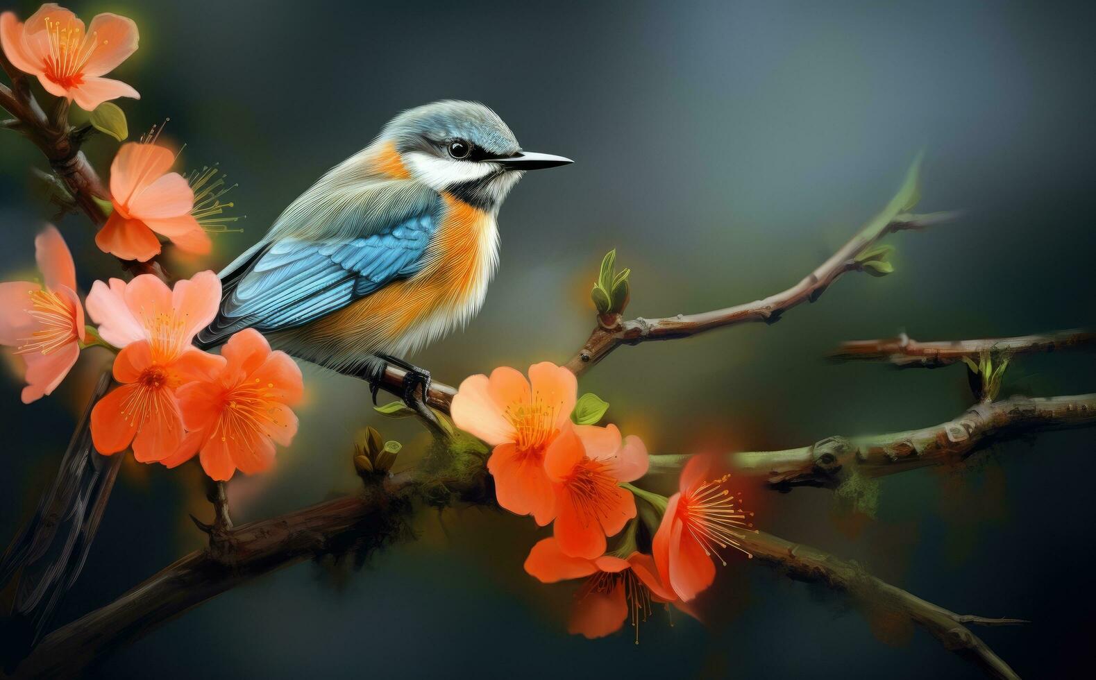 AI generated a bird sitting on a branch near a flower photo