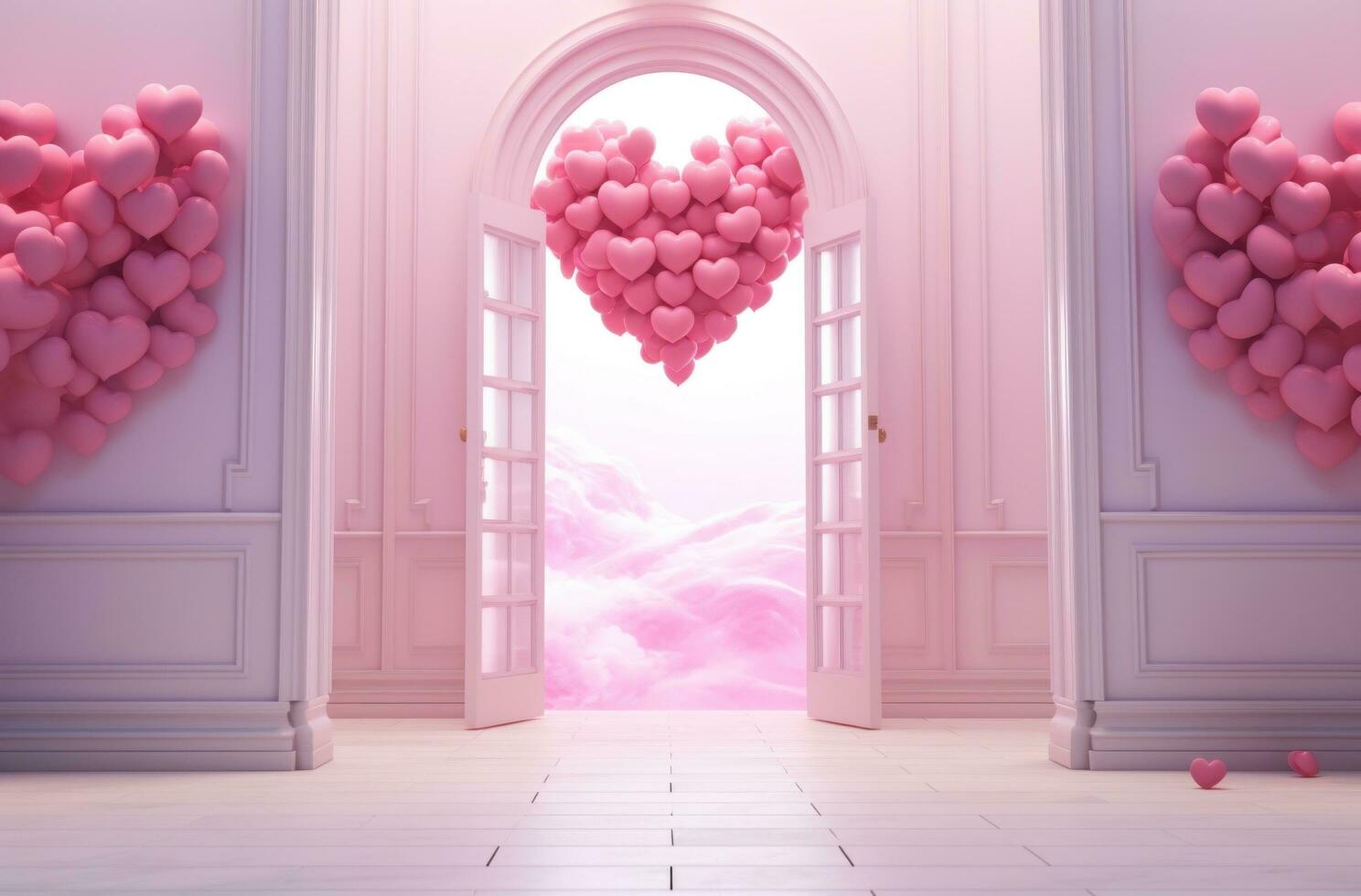 AI generated a door is open with multiple red hearts coming out photo