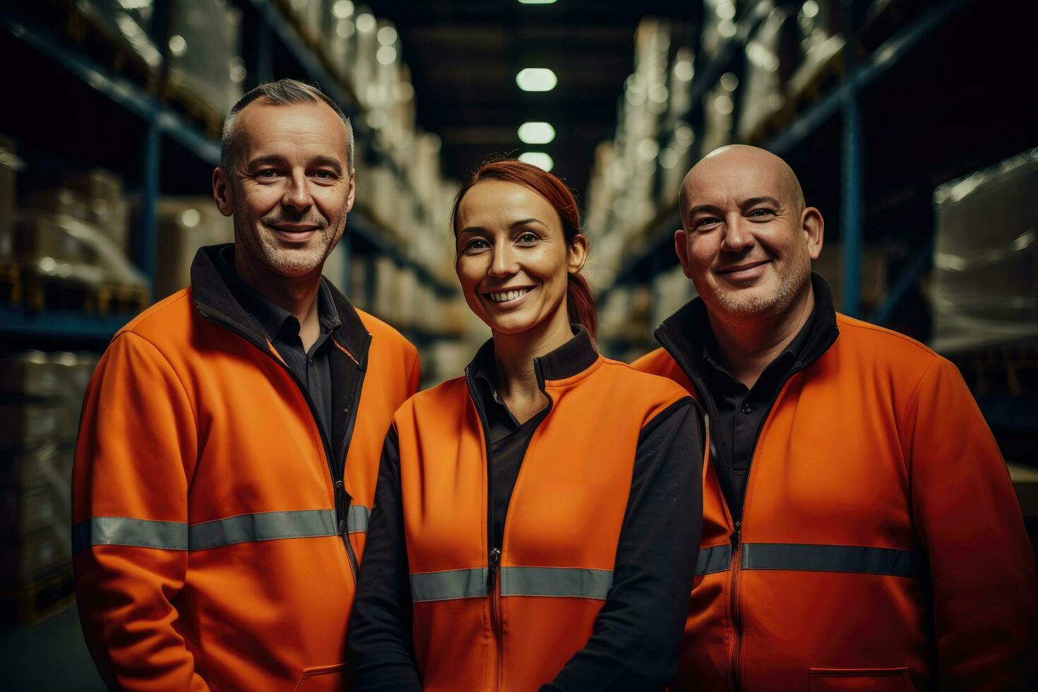 AI generated warehouse workers smiling collectively photo