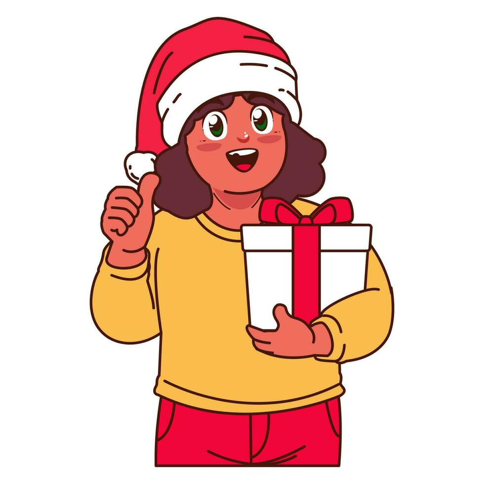 A Girl in a Santa hat holding a Christmas gift vector