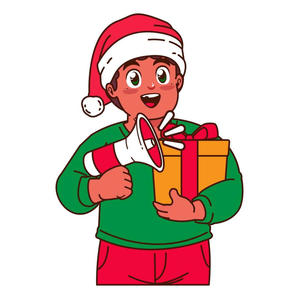 un chico en un Papa Noel sombrero participación un Navidad regalo vector