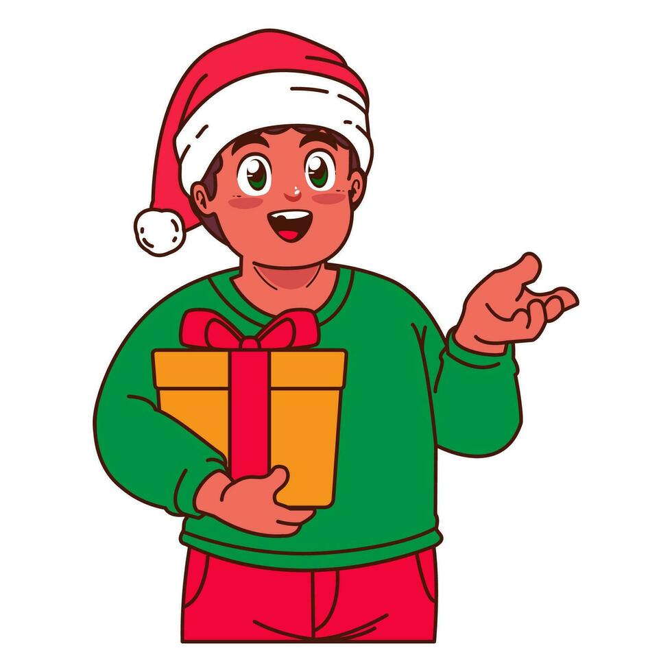A Boy in a Santa hat holding a Christmas gift vector