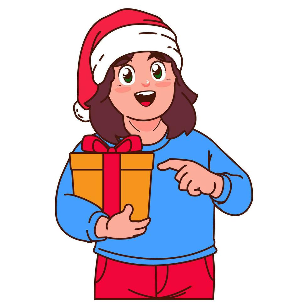 A Girl in a Santa hat holding a Christmas gift vector