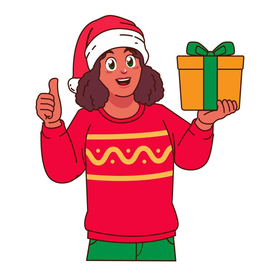 negro mujer en Navidad suéter y Papa Noel sombrero participación un regalo caja vector