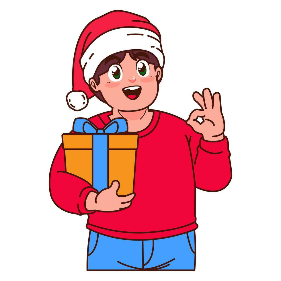 A Boy in a Santa hat holding a Christmas gift vector