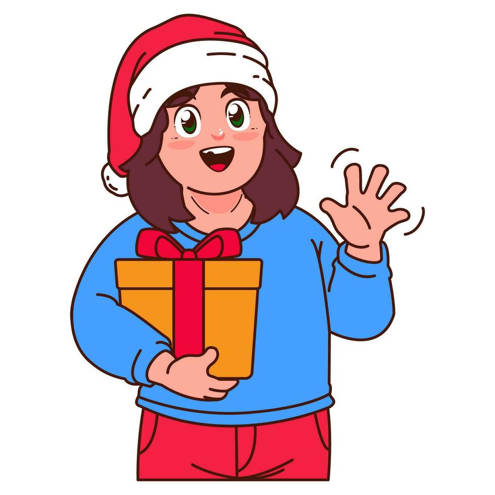 A Girl in a Santa hat holding a Christmas gift vector