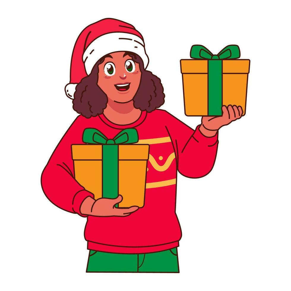 negro mujer en Navidad suéter y Papa Noel sombrero participación un regalo caja vector