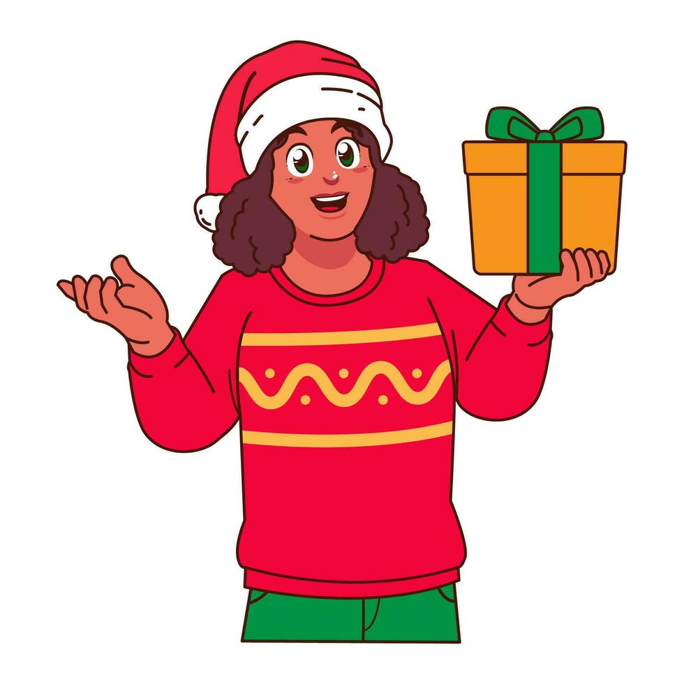 Black Woman in Christmas sweater and Santa hat holding a gift box vector