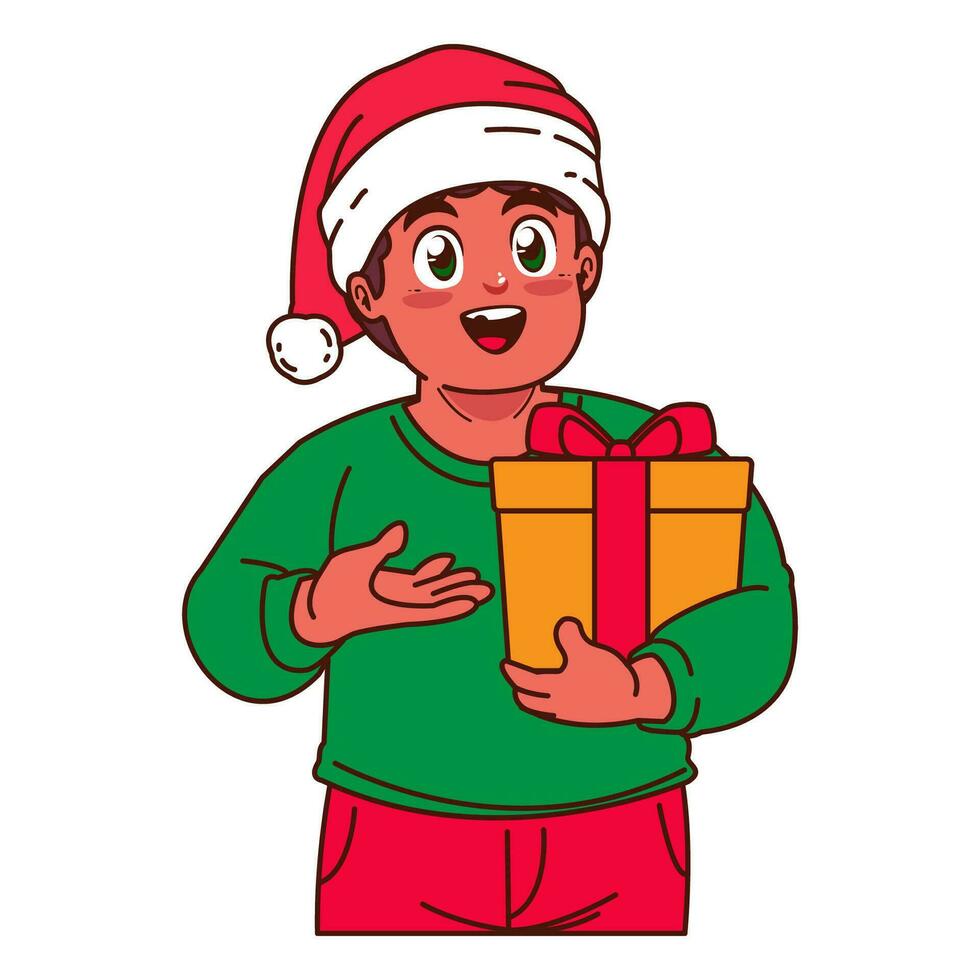 un chico en un Papa Noel sombrero participación un Navidad regalo vector