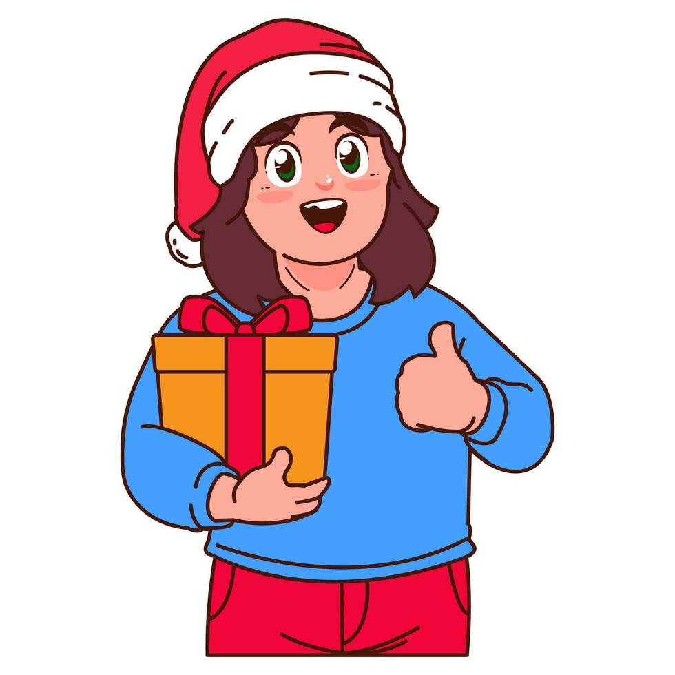un niña en un Papa Noel sombrero participación un Navidad regalo vector